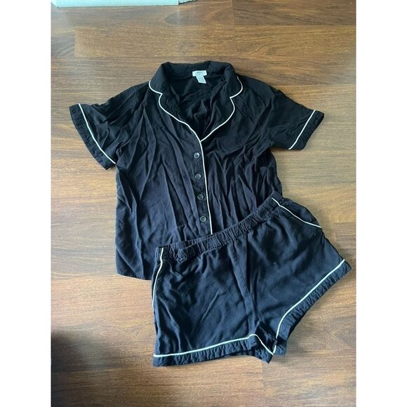 Forever 21 Pajama Set Womens Medium Black White Piping Short Sleeve Button Top S - Picture 1 of 5